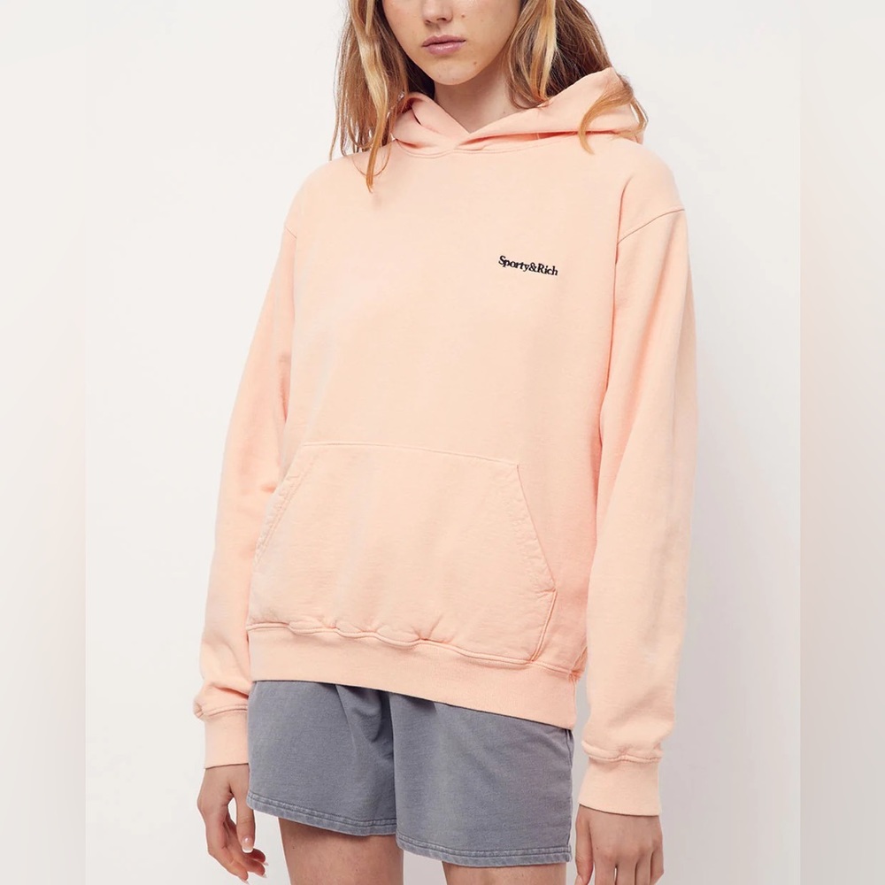 SPORTY & RICH Serif Logo Hoodie Peach Pie Sweatshirt Pocket Size Medium NEW